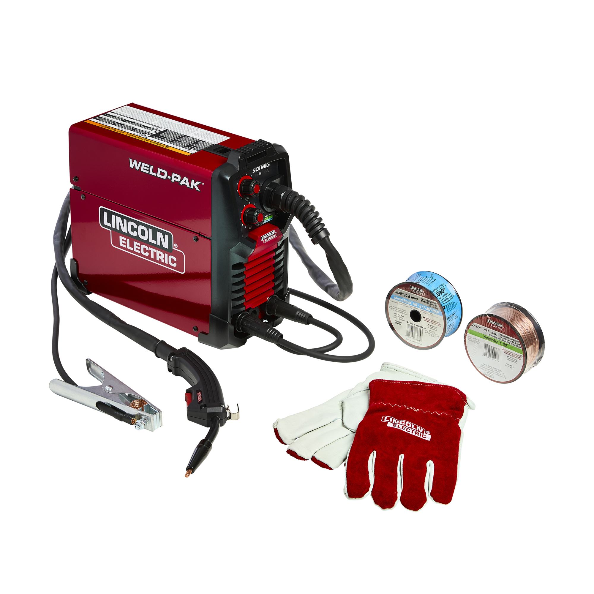 Lincoln Electric WELD-PAK 90i MIG/Flux-Cored Wire Feeder Welder with Gas Regulator Kit Model# K5256-1, Large Metal Working Gloves, 0.035 Flux Core Wire, Model# K5387-9